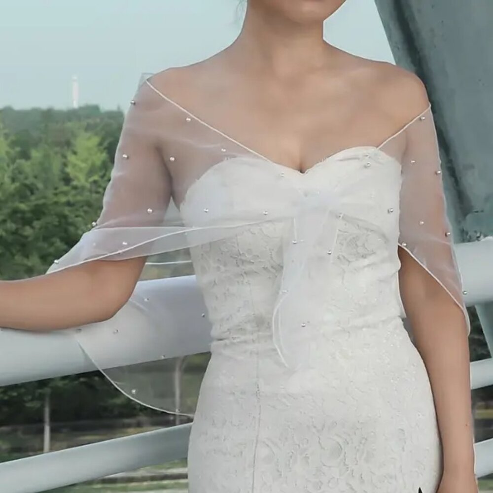 PEARL~STUDDED MESH SHAWL in White